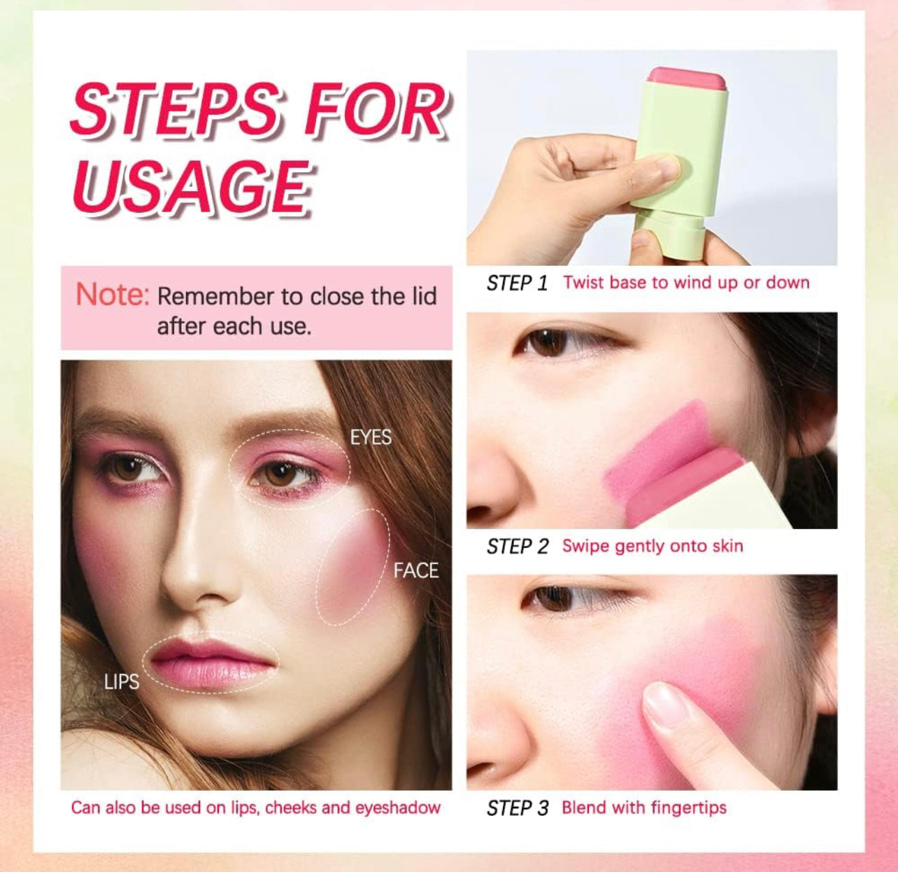 Blush Stick 2-in-1 Cheek and Lip Tint Soft Cream On-the-Go Blush Stick Blendable for Cheek Makeup,Blush Stick for Cheeks and Lips